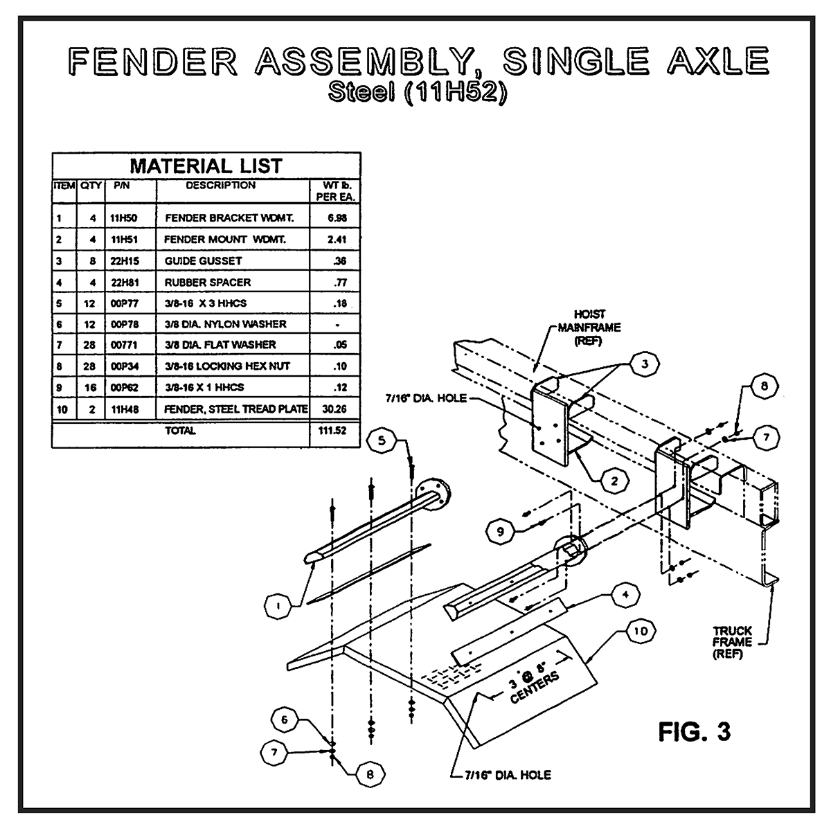 Swaploader 11H52 Single Axle Fender Assembly Diagram