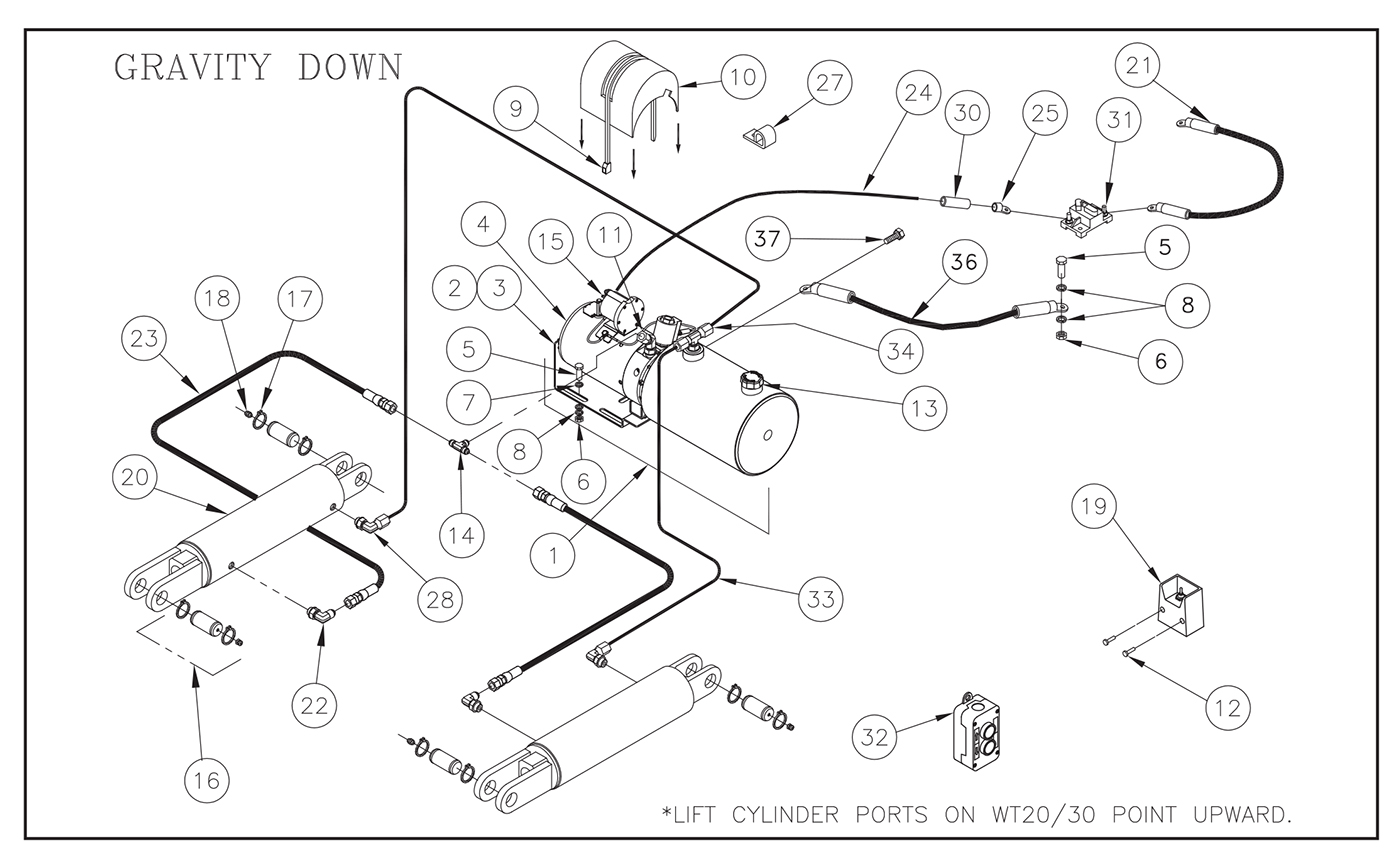 WT 20/30/40 Pump Assembly (Gravity Down/Manual Close) Diagram